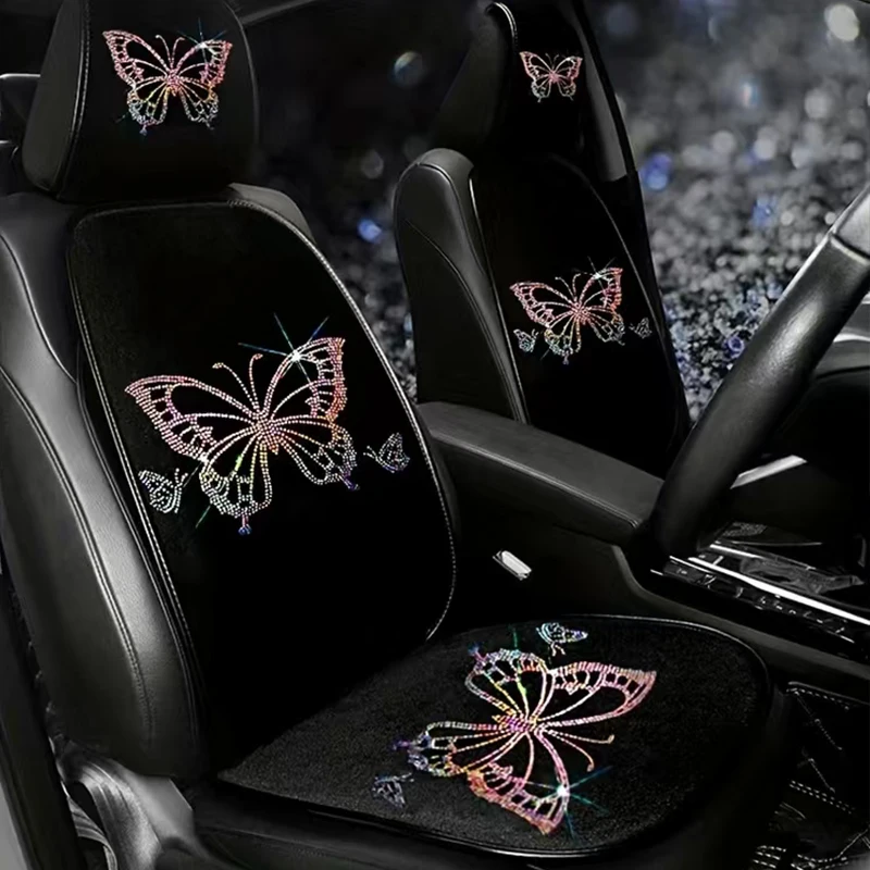 3PCS Artificial Butterfly Car Cushion, Women\'s Car Interior Set,Women\'s Plush Four Seasons Car Simple Seat Cushion