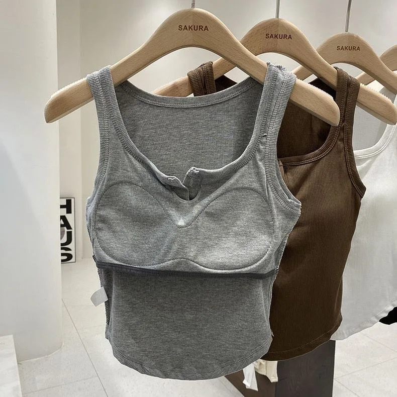 버튼업 고정컵 조끼 여성용 와이드 숄더 스트랩 스퀘어 칼라 슬리밍 베이스 레이어 여름 패션 폴리에스터 섬유