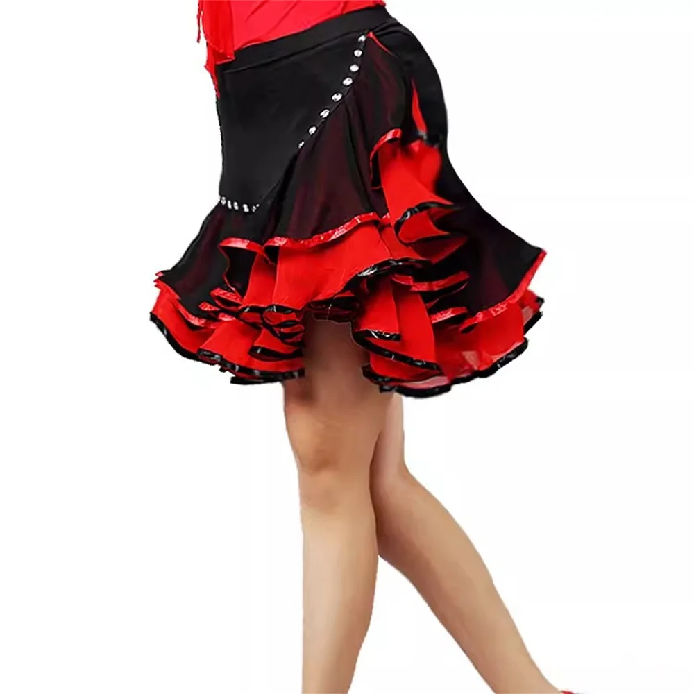 New women Latin Dance Diamond Skirt Rose Red Double Layer Latin Dance Competition Skirt Joker modern dance costume