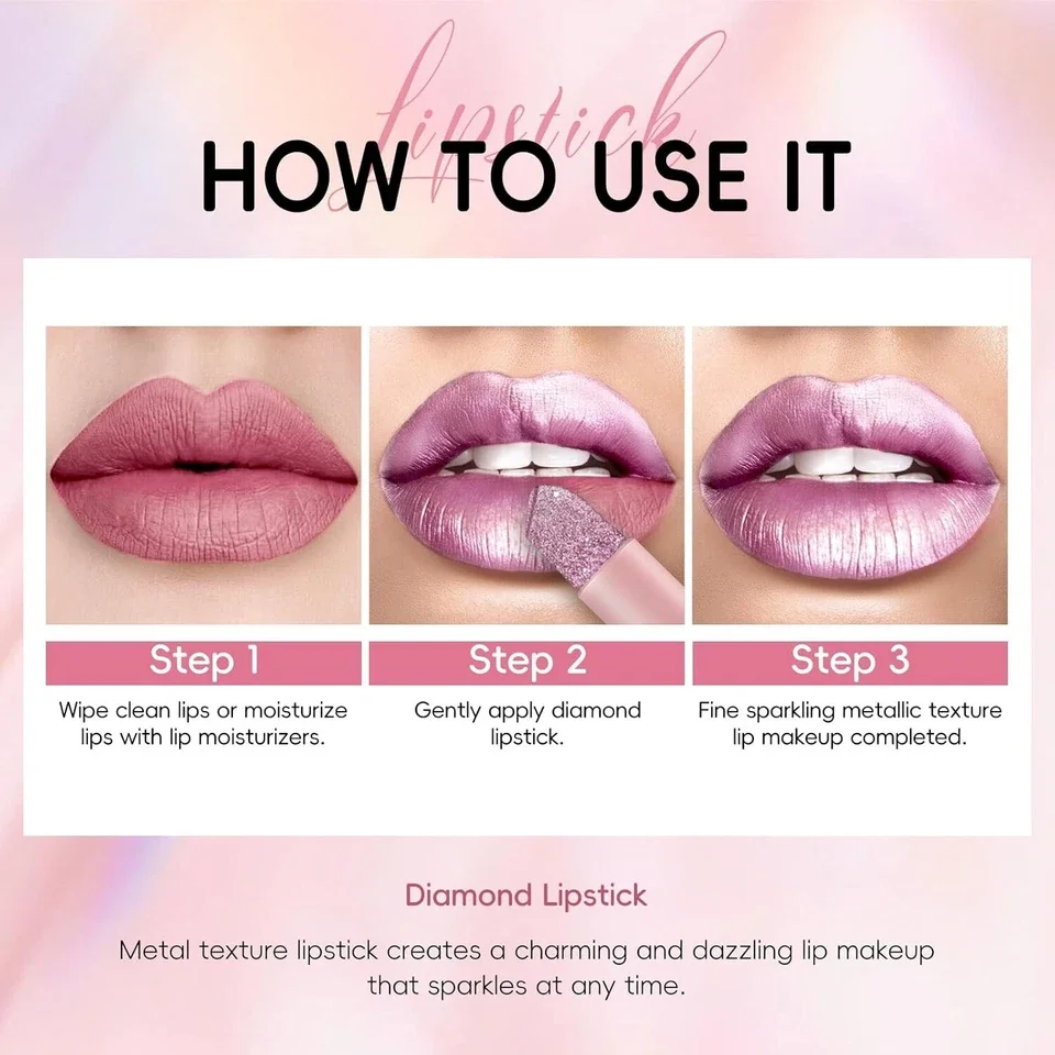 Lápiz labial Glitter Shine Pearl, cosmética labial metálica de larga duración, resistente al agua en rosa brillante, lápiz labial de belleza, para fiestas