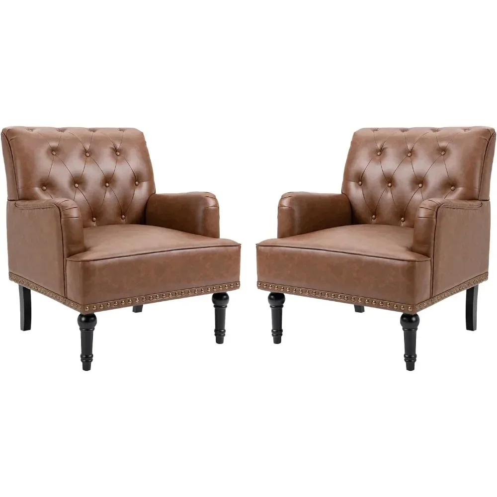 Living Room Chair Set of 2, Chairs Lounge Study Sofa Chairs with Sturdy Wood Legs, Faux Leather Accent Chair