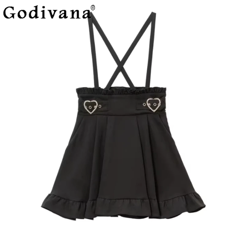 

Large Size Sweet Japanese Versatile Fashion Removable Strap Skirt Cute Girls A-line High Waist Black Short Leisure Skirts