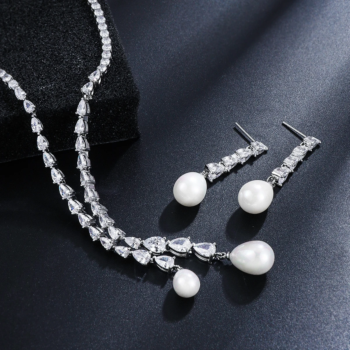 WEIMANJINGDIAN Brand New Arrival Cubic Zirconia and Pearl Drop Necklace Wedding Jewelry Set Matched with Earrings