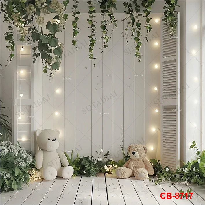 Spring Easter White Wooden Wall Photography Backdrop Green Leaves Toy Bear Lights Wedding Background Bridal Baby Shower Decor