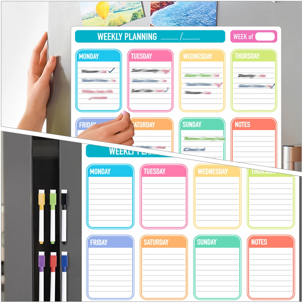 مجموعة واحدة من لوحة الرسائل المغناطيسية، مخطط قابل لإعادة الاستخدام للثلاجة، سطح كتابة أملس، أداة تنظيم المكتب المنزلي أسبوعيًا