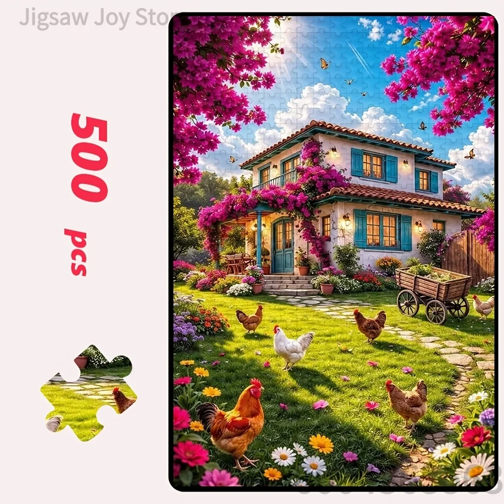 Leisure Jigsaw Puzzle, Romantic Garden Scenery, Flower Farm Villa, Seaside Heart Rose, Idyllic Country Cottage, Wall Art Gift