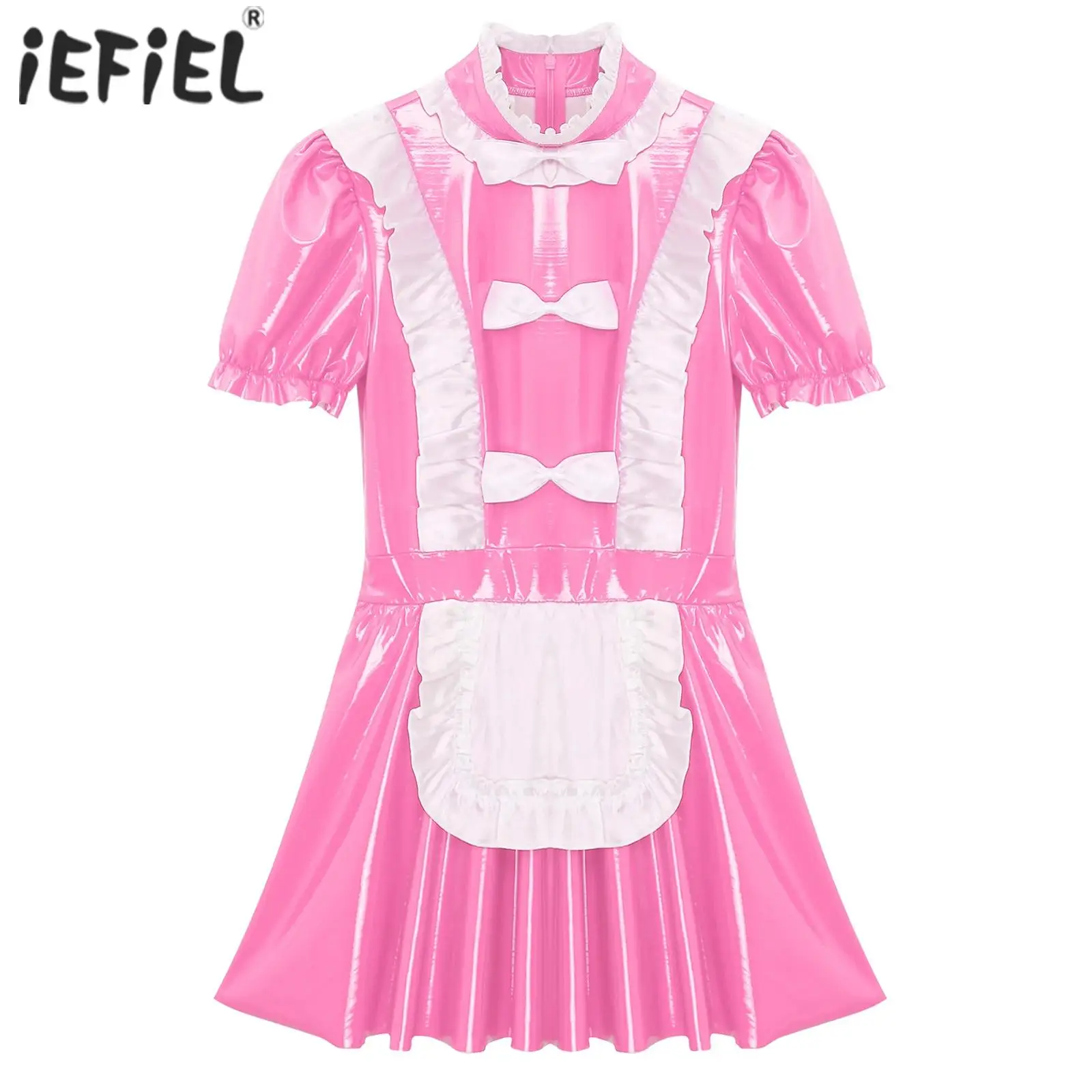 Womens Naughty Maid Uniform Clubwear Glossy Patent Leather Maid Cosplay Dress Ruffles Trims Bow Apron Puff Sleeve A-Line Dress