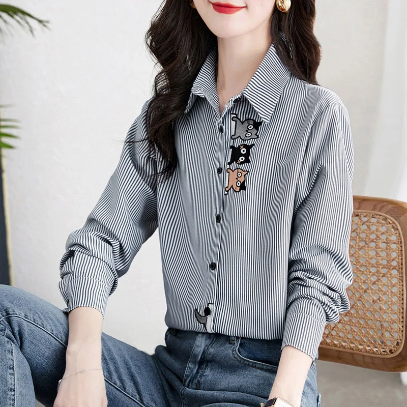 Spring Autumn New Striped Fashion Long Sleeve Shirt Women High Street Casual Button Cotton Cardigan Elegant Embroidered Tops