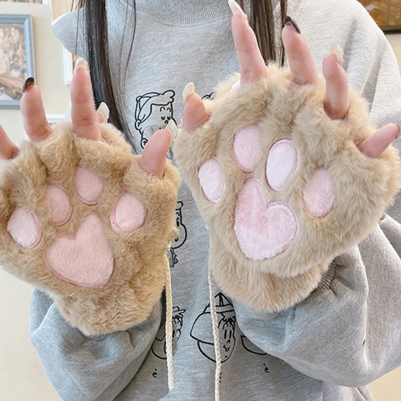 

Women Cute Cat Claw Paw Gloves Plush Mittens Warm Soft Plush Short Fingerless Fluffy Bear Cat Gloves Half Finger Costume Party