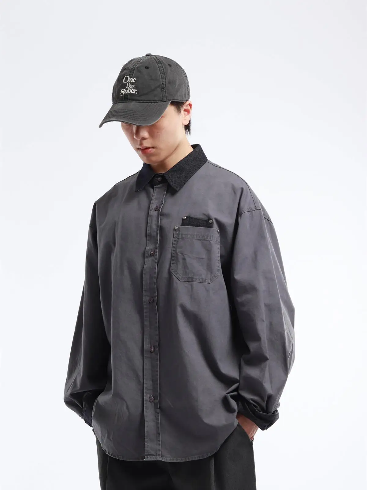 Washed Japanese Style Men's Loose Long Sleeve Work Shirt Retro Color Block Pocket Design Cotton Casual Shirt Autumn Fashion