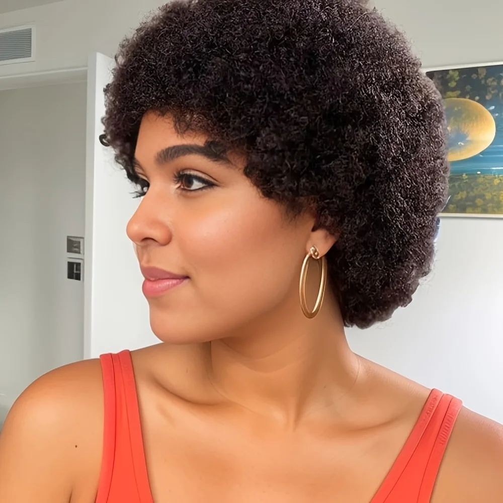 여성용 짧은 곱슬 가발, 풍성한 아프로 인모 가발, 150% 밀도 곱슬 인모 가발, 전체 기계 제작 픽시컷 가발