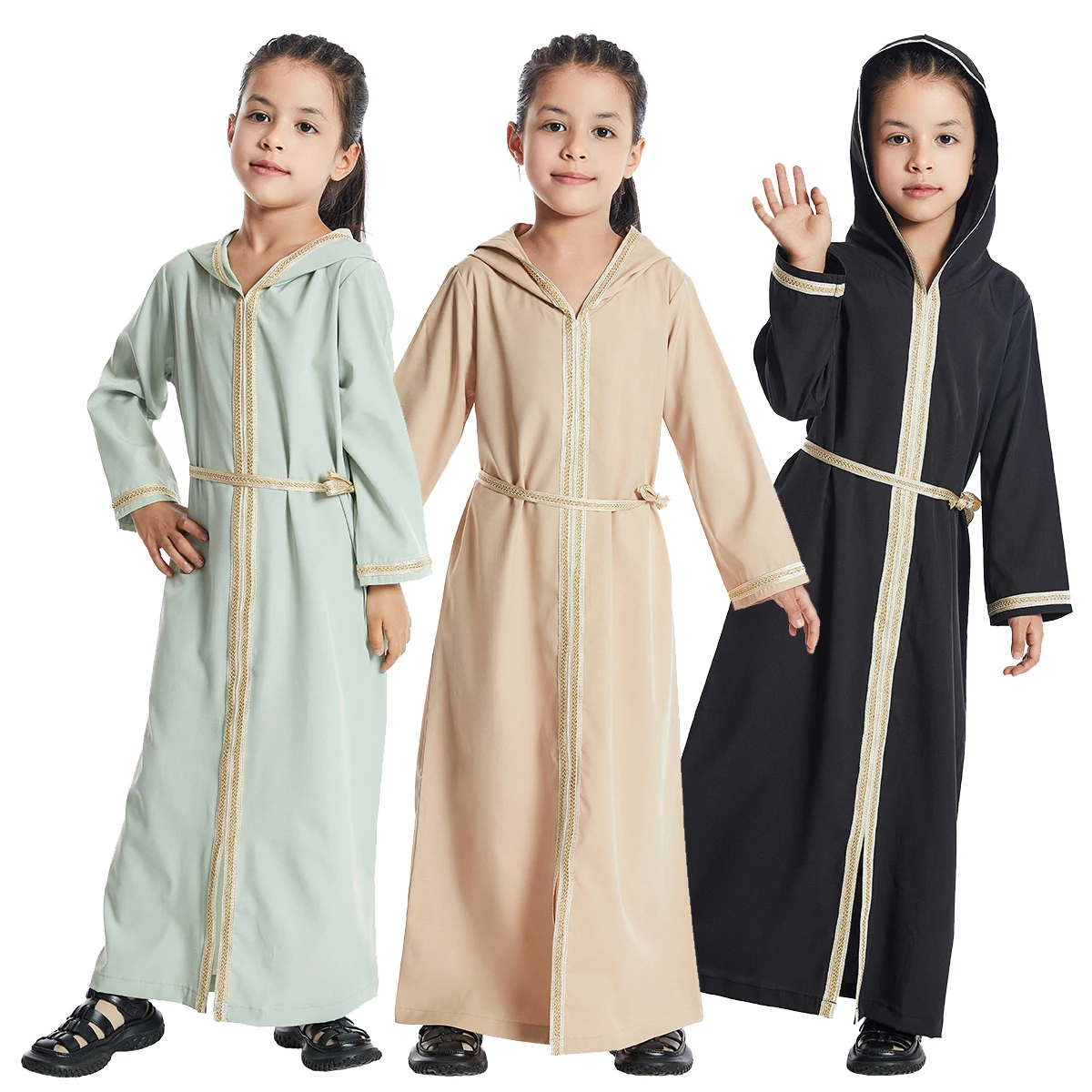 Muslim Girls Hooded Full Sleeves Spring Autumn Wear Lace Appliqued Long Dress Arab Big Kids Male Ankle Length Abaya