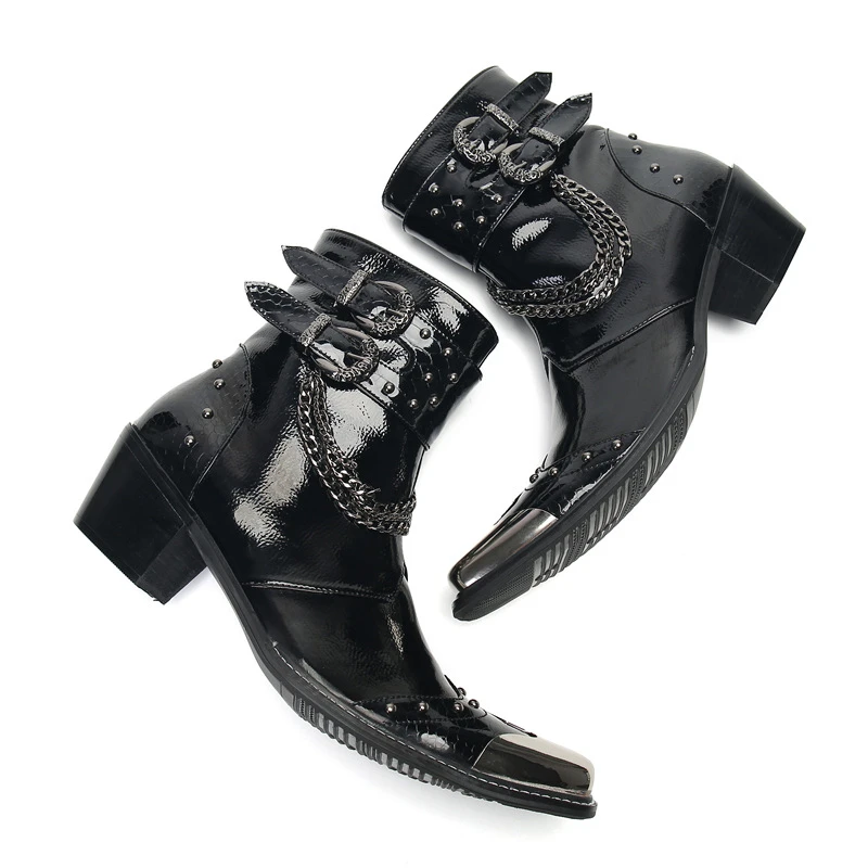 ハイレザーブーツ メンズ 本革 牛革 ジップ スクエアトゥ メタルヘッド ミッドカーフブーツ 5cm バックルストラップ 厚底ヒール 冬用ブーツ