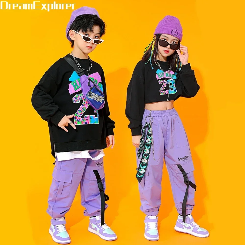 Boy Hip Hop Sweatshirt Solid Color Cargo Pants Girl Crop Top Street Dance Clothes Set Kids Streetwear Outfit Child Jazz Costumes