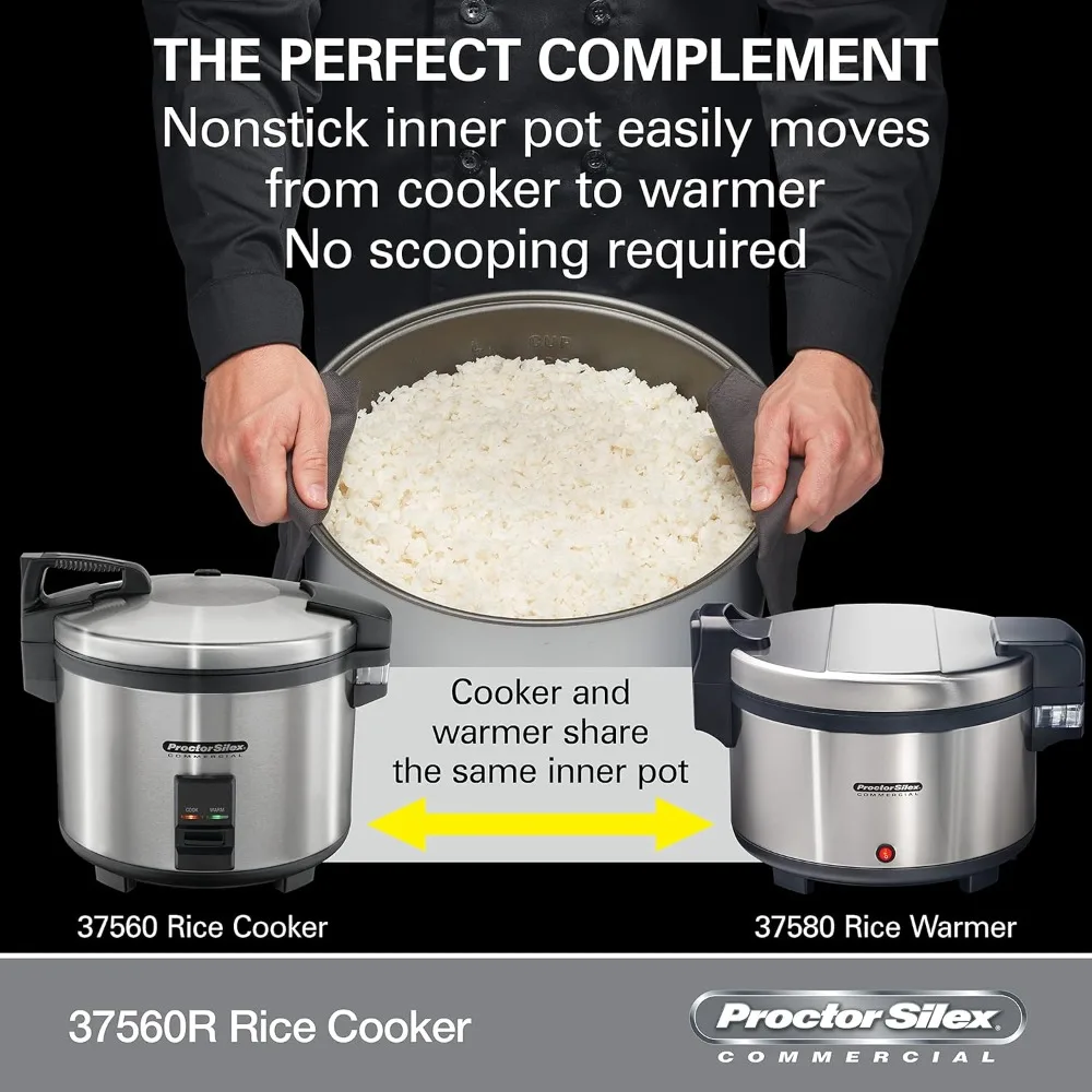 Rice Cooker/Warmer, 60 Cups Cooked Rice, Non-Stick Pot, Hinged Lid, Stainless Steel Housing