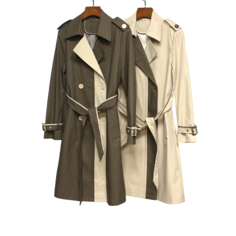 

Season new autumn new mid-long double breasted belted trench coat matching color waist design with windproof easy top quality