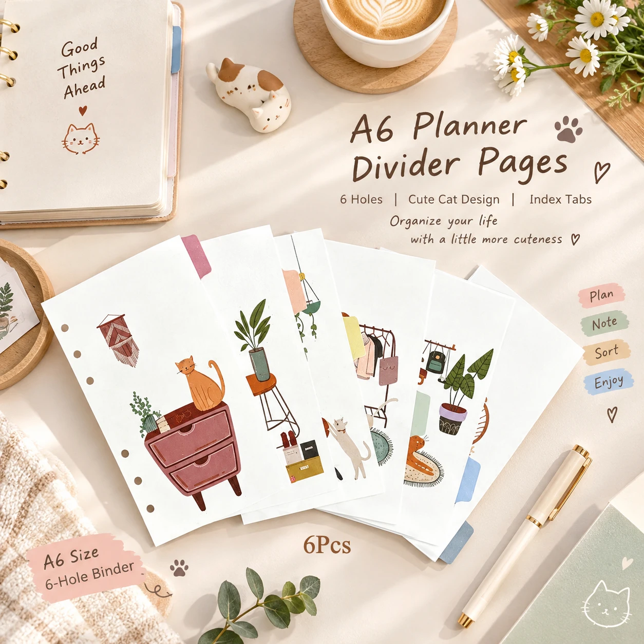 6 Hole A6 Binder Accessories Cat Illustration Divider Pages Color Side Index Tabs Journal Classification Note Material Organizer