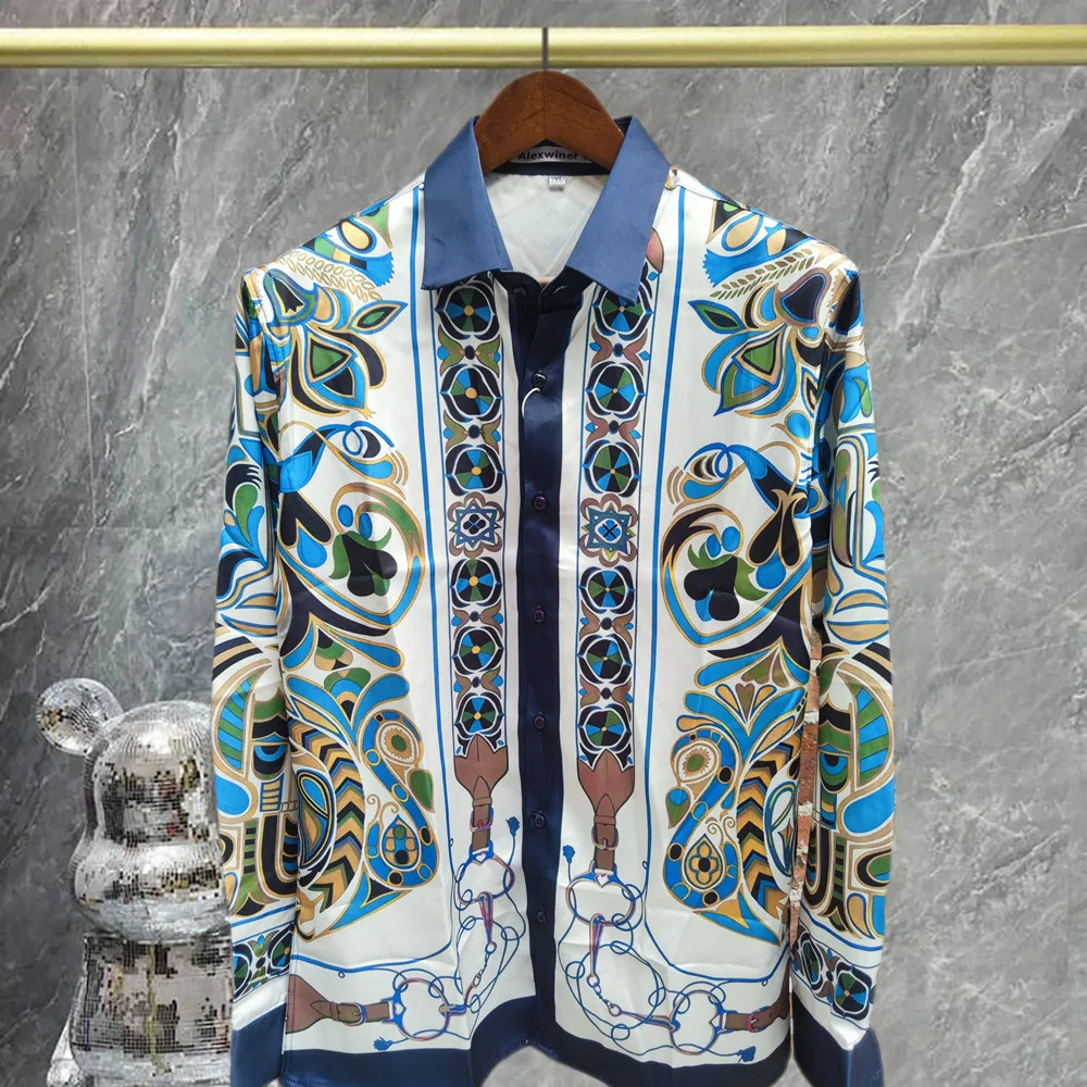 European Style Fashion Flower Shirt Men Chemise Homme Vintage Baroque Print Clothes Slim Dress Shirts Long Sleeve Shirt Tops Men