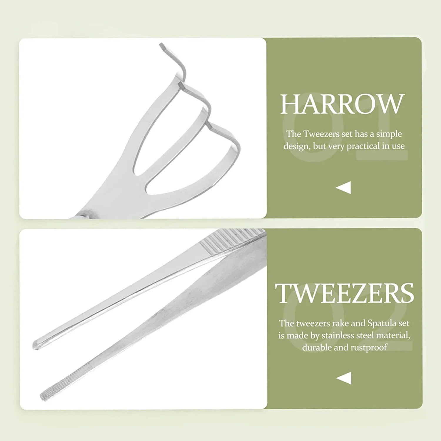 Rastrillo de raíz de acero inoxidable 304 2 en 1 con pinzas para bonsái con mango ergonómico, herramienta para cultivo de suelo para manualidades de suculentas