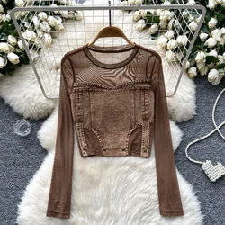 Vintage O-neck Basics Long Sleeve Chic Mesh Spliced Cowboy Slim Top French Hotsweet Streetwear Women High Street Autumn Shirts