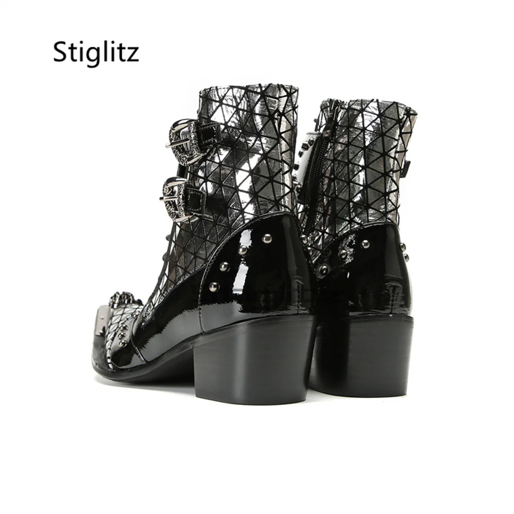 Splice Patent Leather Chelsea Boots for Men Punk Retro Rivet Double Buckle High Heel Motorcycle Ankle Boots Nightclub Shoes