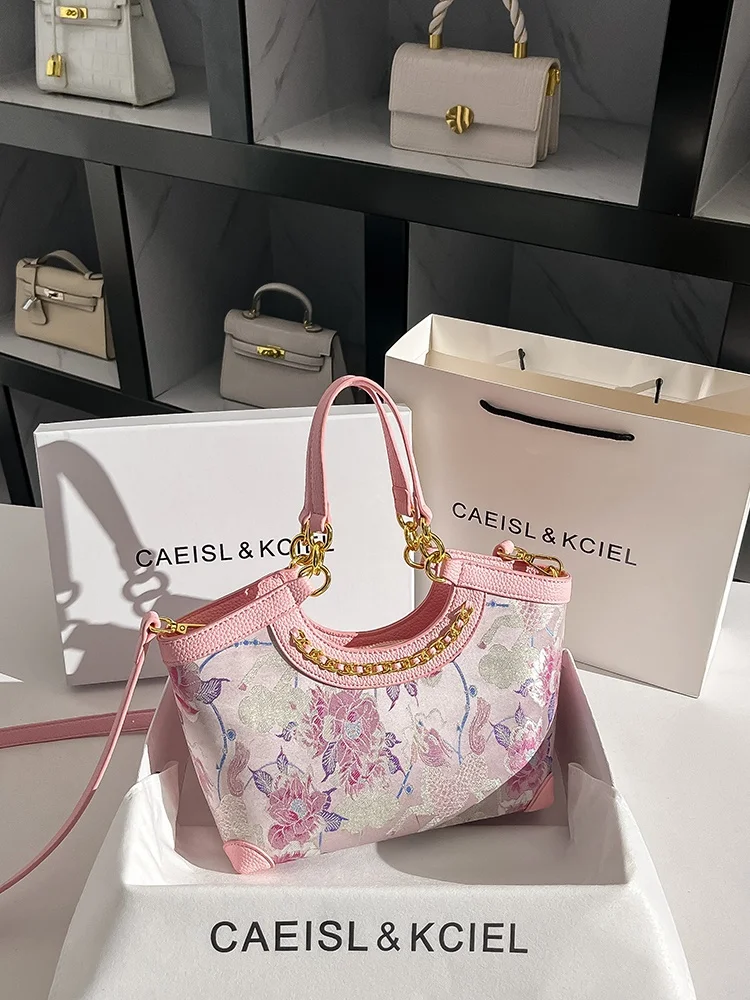 

Sakura Pink Embroidered Basket Women's Handbag Crossbody Bag Soft PU Leather Medium Square Bag Daily Use oulder Bag