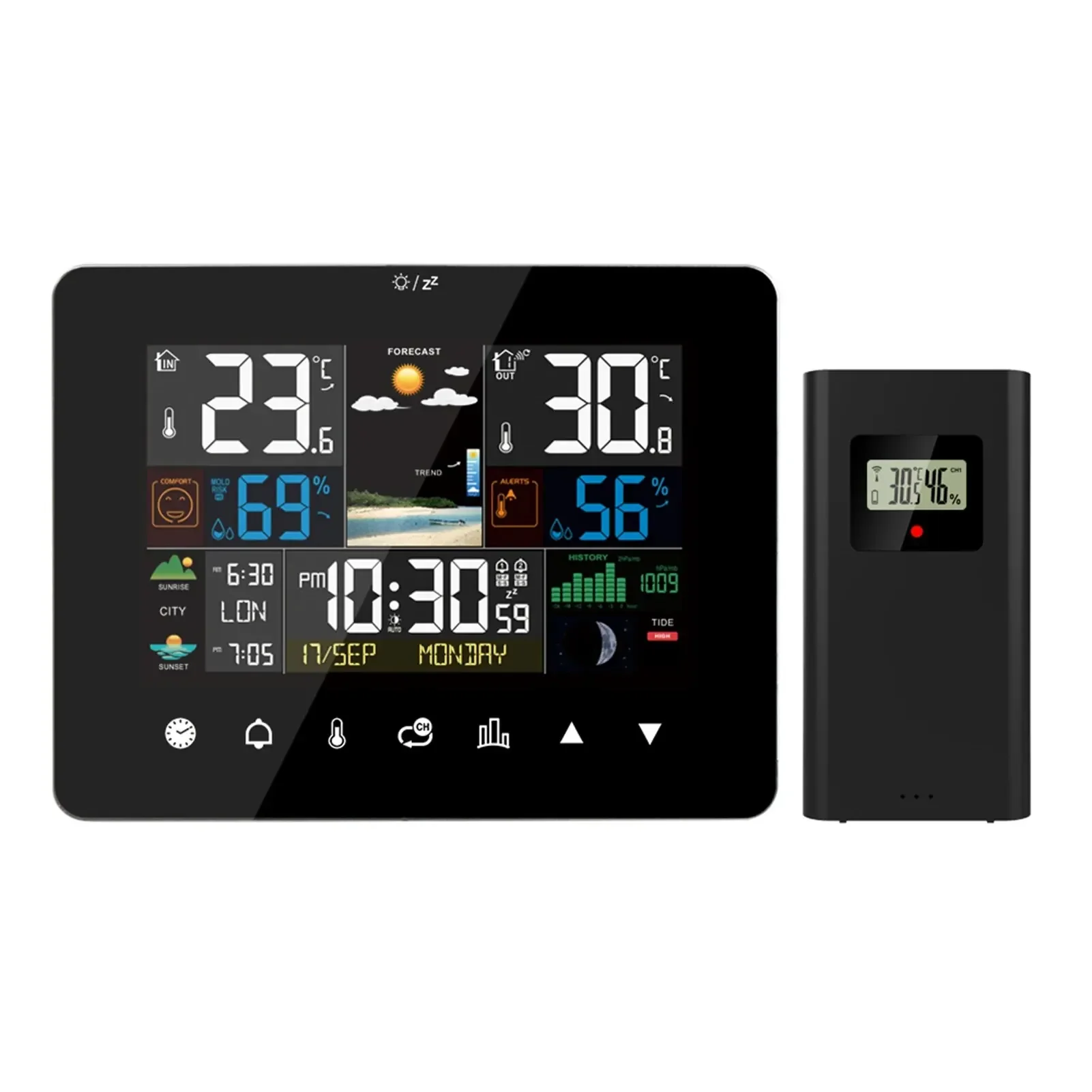 Multifunktions-Wetterstation, Wecker, Thermometer, Hygrometer, Touchscreen, kabelloser Sensor, Sonnenaufgang, Sonnenuntergang, Hygrothermograph