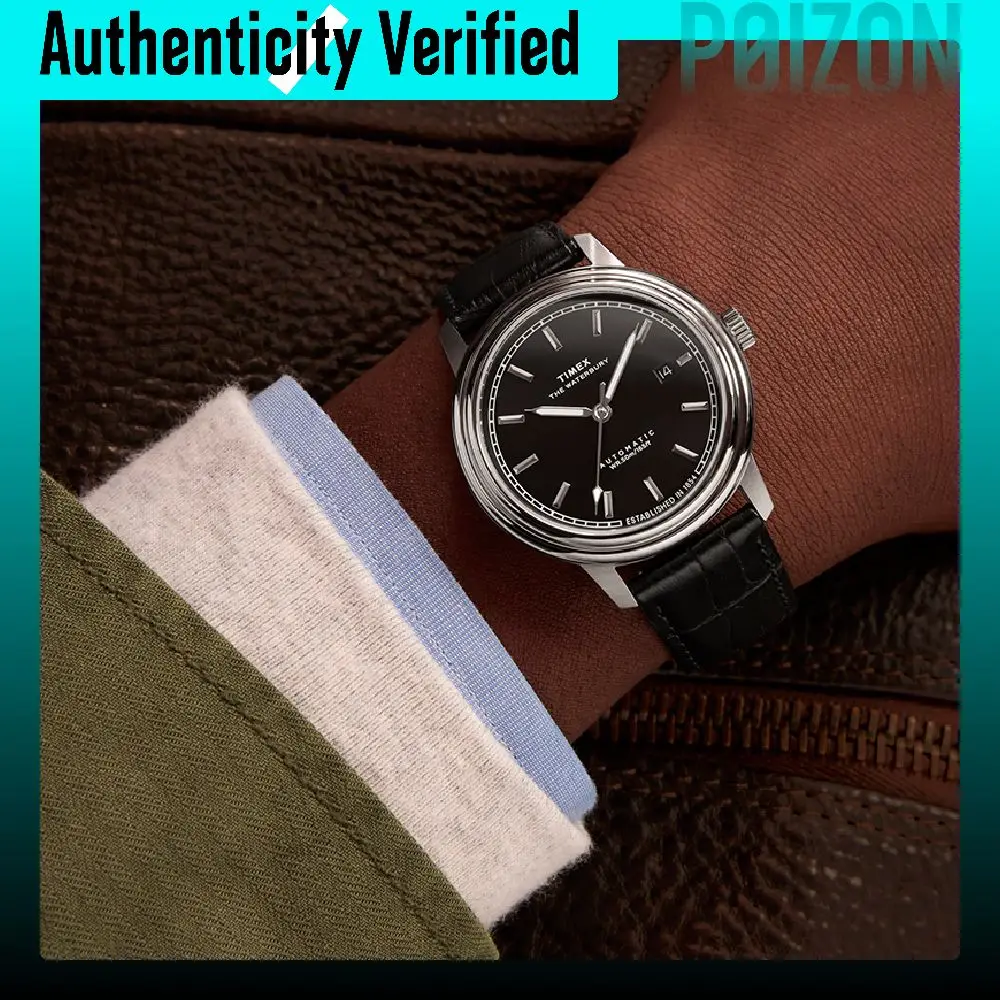TIMEX Waterbury Wrist Watches Automatic Mechanical Movement Genuine Leather Strap Black Dial Men's Watches TW2Y23000