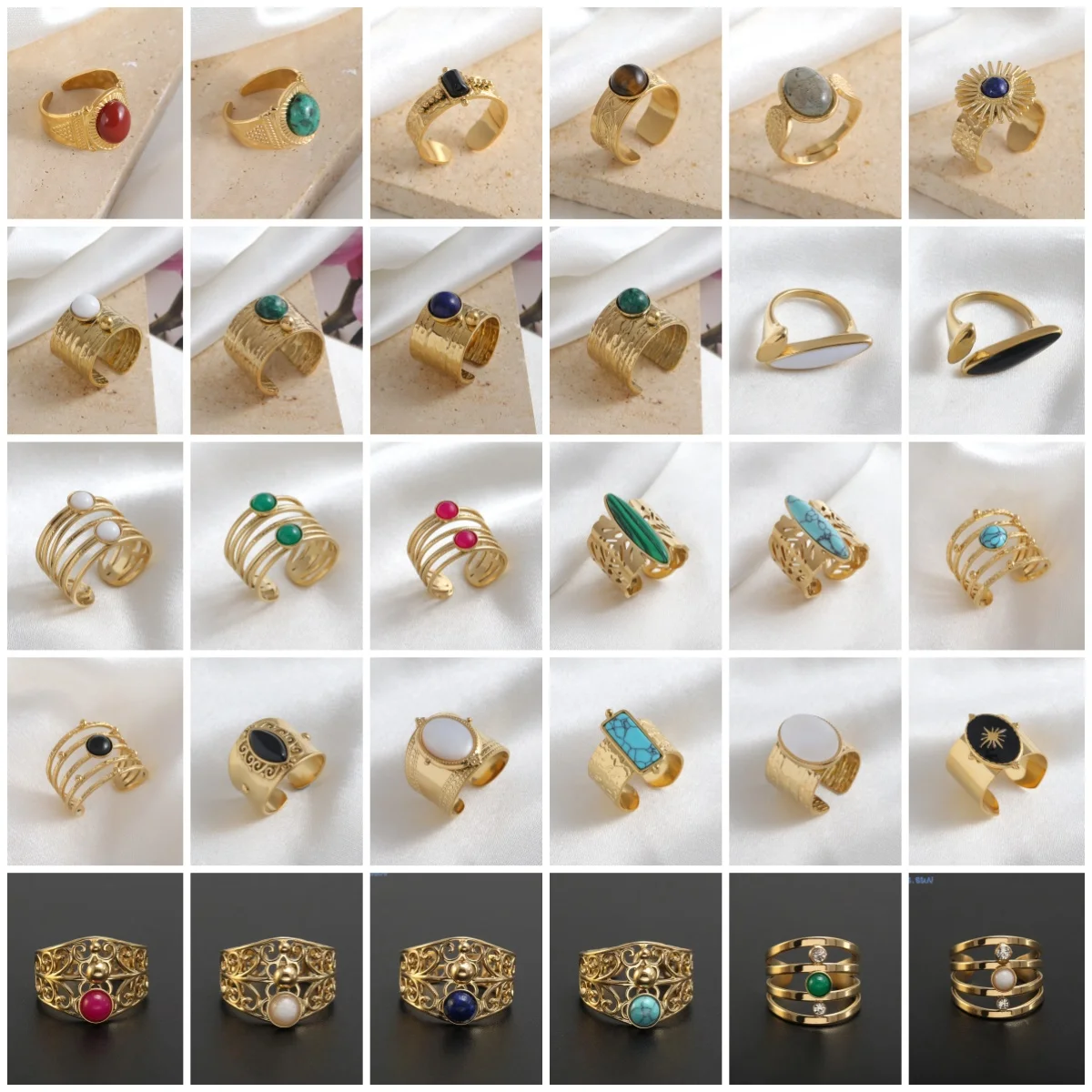 2025 Retro Women Stainless Steel Waterproof Rings Unique High Quality Bohemia Natural Stone Wide Rings Open Jewelry Party Gift