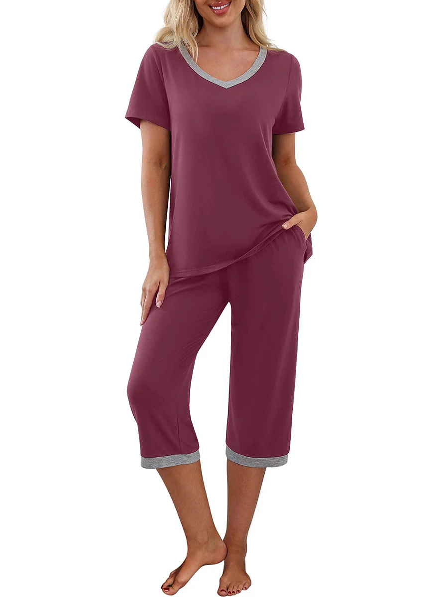 Women s Pajama Set Short Sleeve V Neck T-shirt and Capri Pants Sleepwear Contrast Color   Loungewear Homewear Outfits