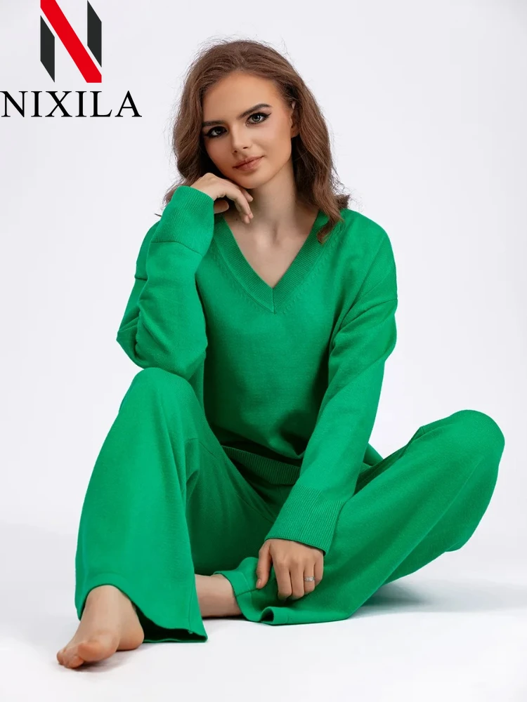 

New in Winter Autumn Sweater 2 Piece Sets Womens Outfits Warm V-Neck Pullover Straight Jogging Pant Suits Casual Tracksuit Women
