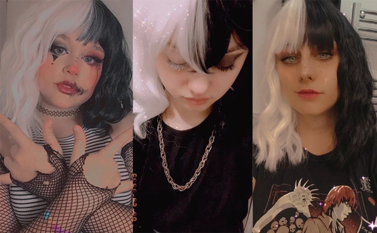 Halloween Cosplay Wig Synthetic Hair Wig Half White Half Black Natural Bob Wavy Wig with Bangs Cruella Devil Wigs for Women Use