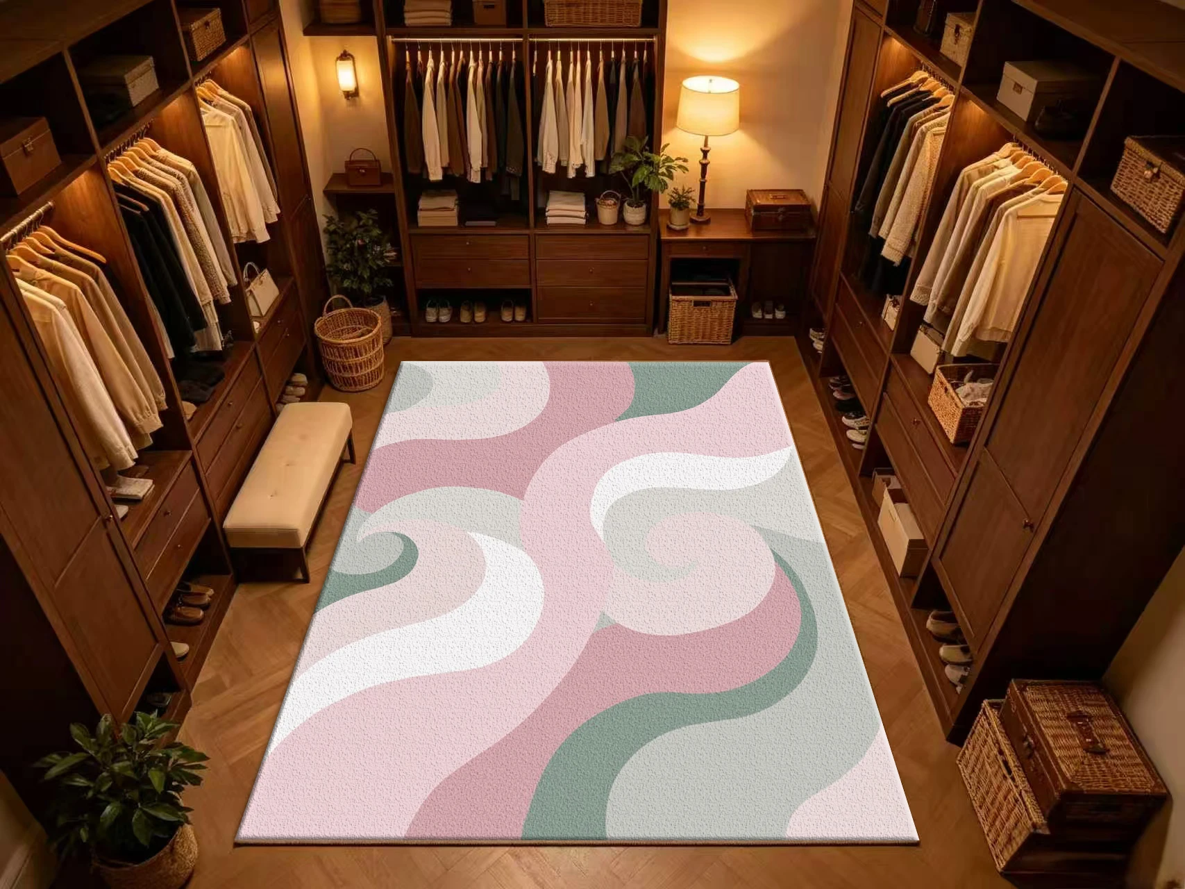 พรมปูพื้นลายคลื่นสีชมพูอ่อนและ - Printed Rug Abstract บทวิจารณ์และราคา