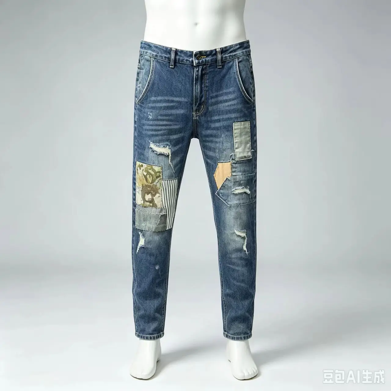 High Street Fashion Men's Blue Elastic Jeans Retro Elastic Slim Fit Split Jeans Men's Patch DesY2Kigner Hip Hop Jeans Pencil Pan