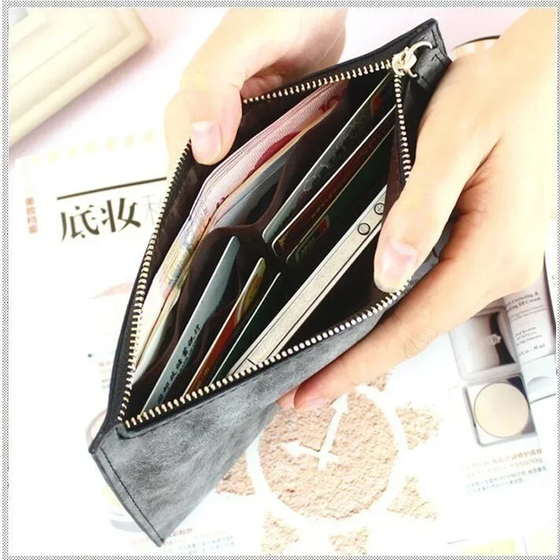 Leather Men\'s and Women\'s Wallet Small Wallet Mini Long Ultra-thin Wallet Bank Card Set Female Student Zipper Handbag