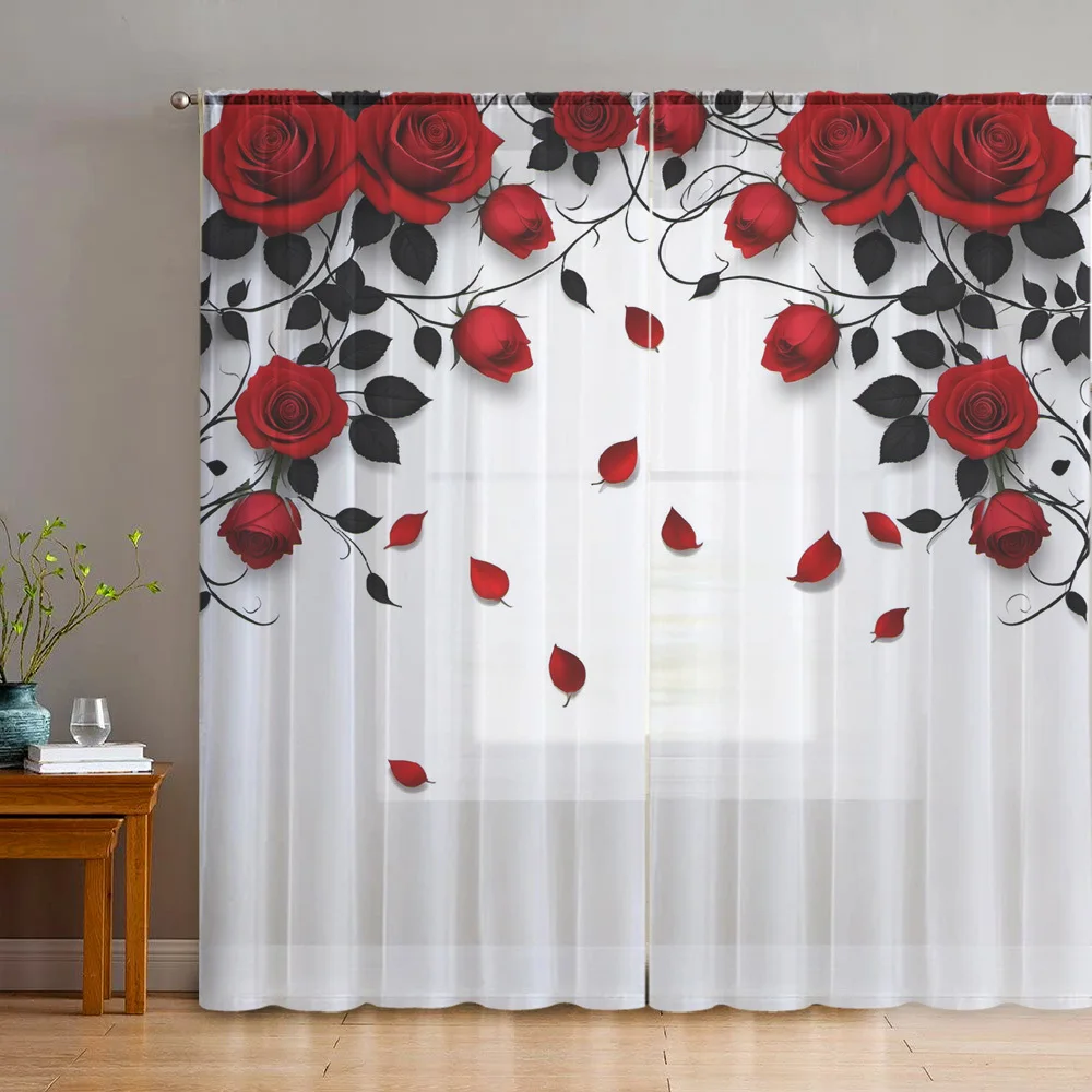Luxury Red Rose Floral Curtains Black Leaf Printed Window Drapes for Living Room Bedroom Gothic Romantic Style Home Decor