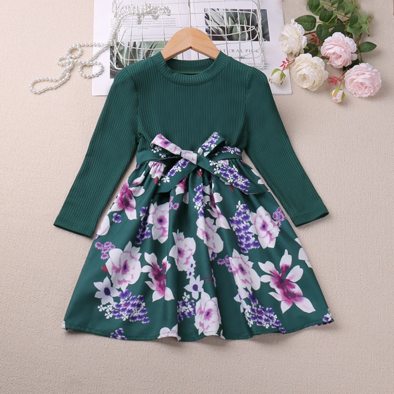 Humor Bear Girls' patchwork floral dress with high waist, slim fit, long sleeves, fashionable style  Children's clothing