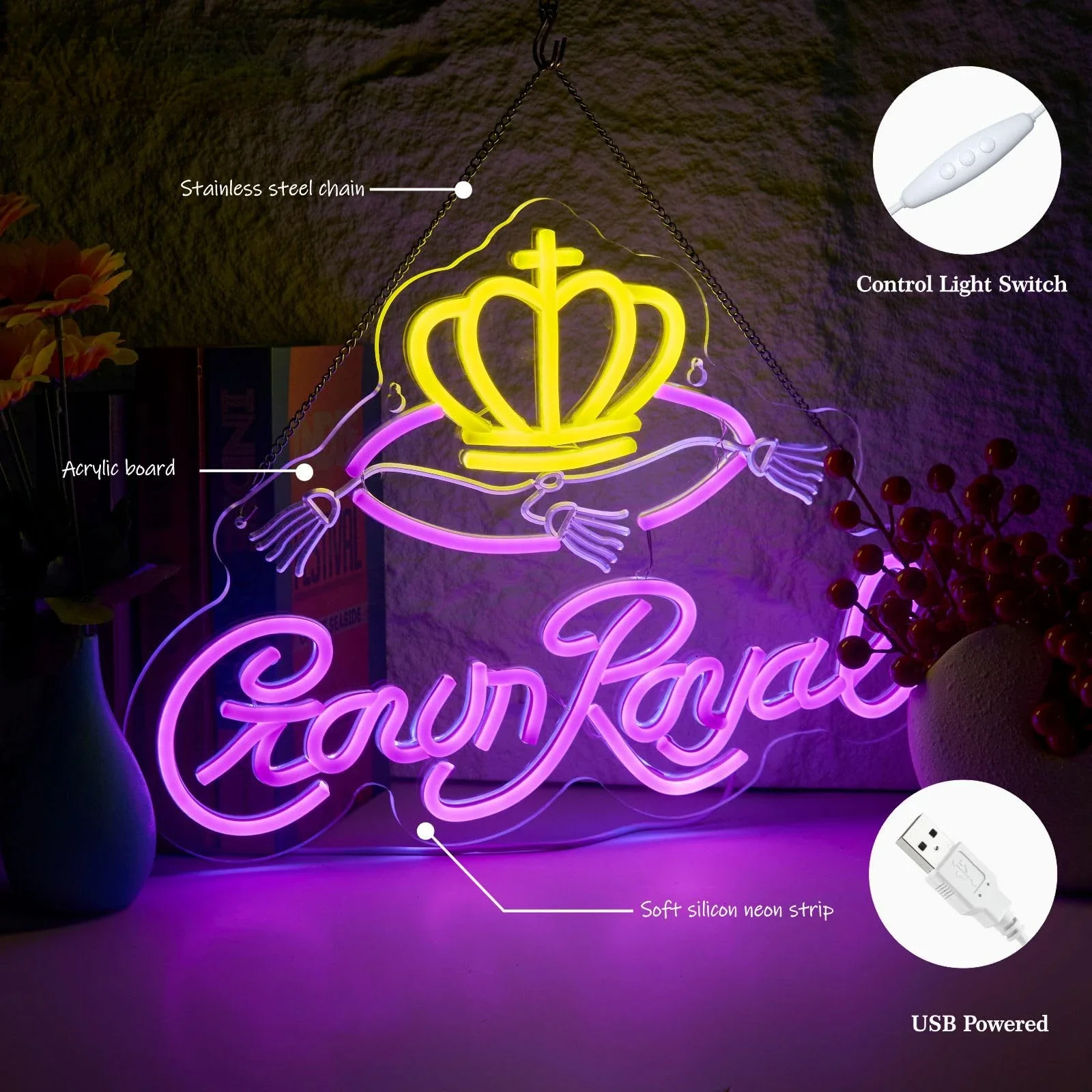 Zasilany przez USB neon korony do baru Dekoracja ścienna Znaki świateł królewskich Whisky Znak LED Pub Bistro Party Game Decor Prezenty