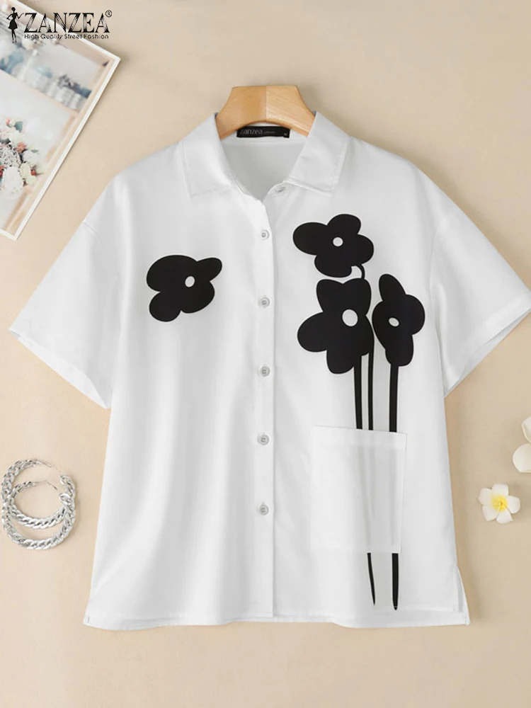 2025 ZANZEA 女性ラペルネック半袖ブラウス夏のファッションシャツカジュアルプリント Blusas 女性の仕事 OL トップスオーバーサイズシュミーズ