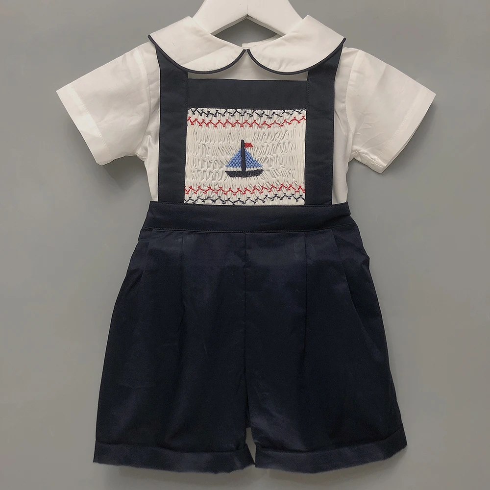 Children Boutique Clothing Boys Handmade Smocked Embroidered Dark Blue Suspender Trousers Set Cotton Short Sleeves For 9m-4T