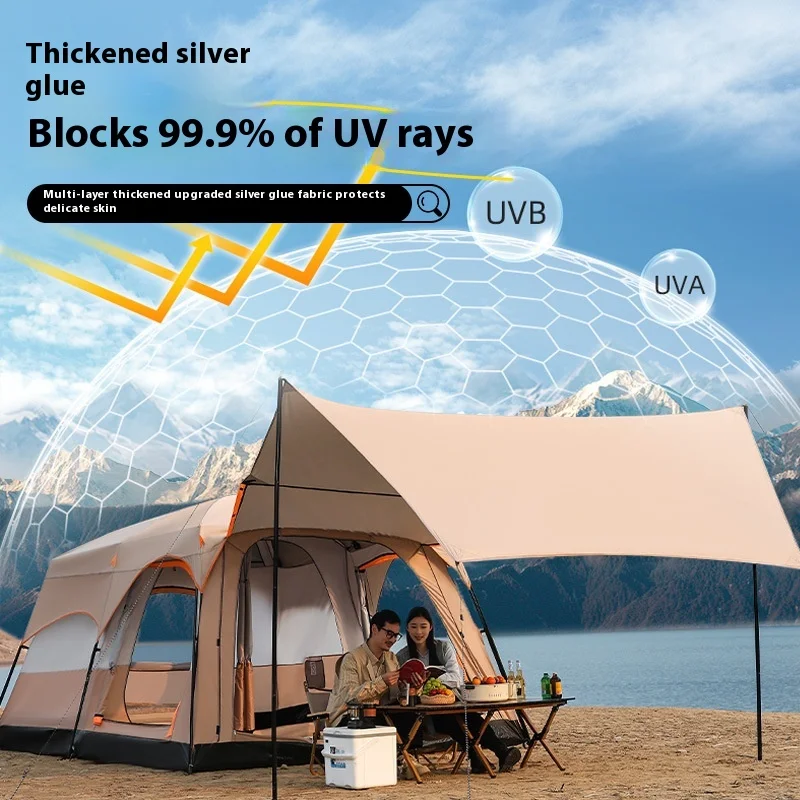 Deluxe Outdoor Camping Tent with Two Rooms and a Hall, Extendable Canopy, Sun and Rain Protection, Double-layered and Thickened