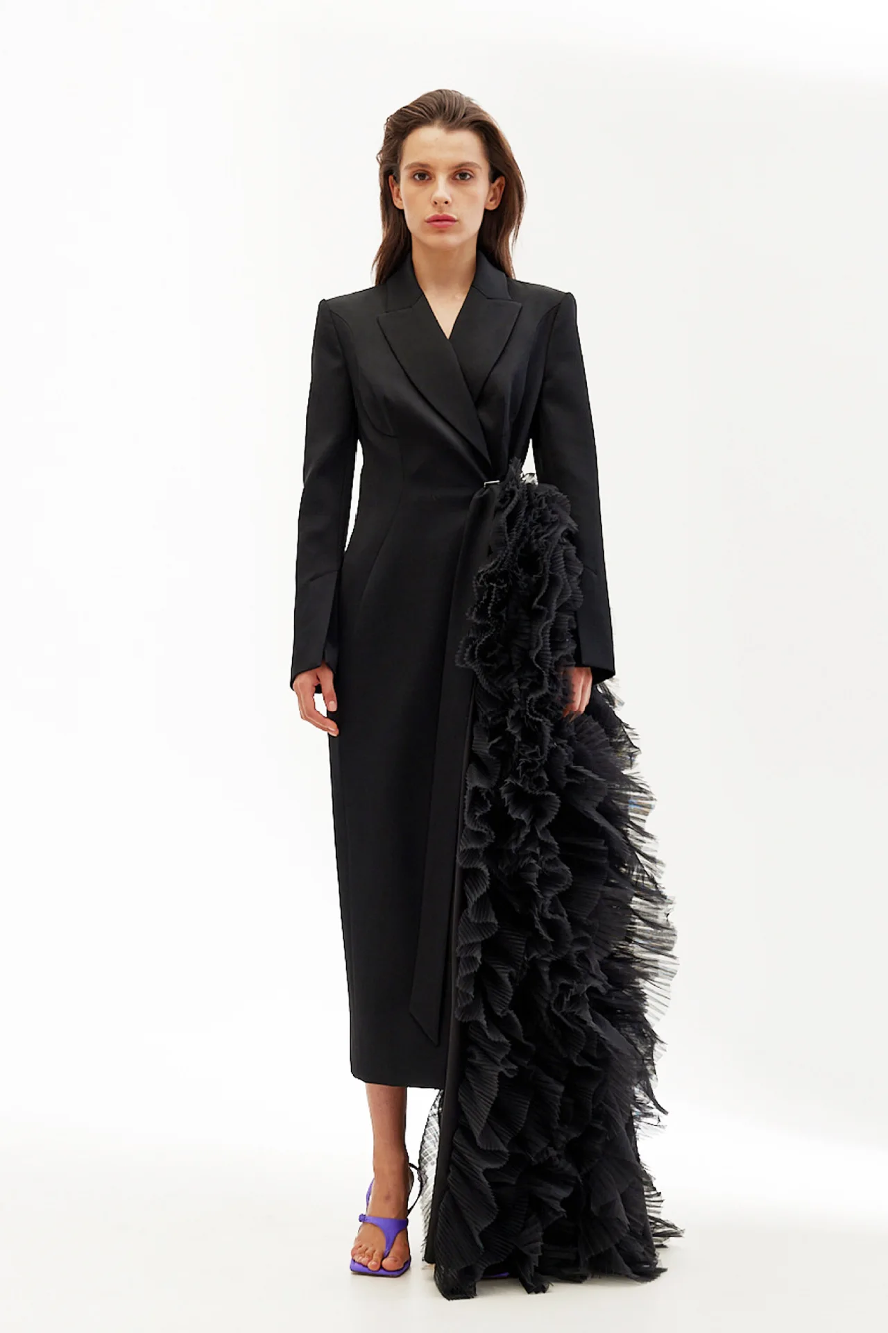 Vestido de traje asimétrico con cintura de un botón, serie primavera y otoño 2025, vestido de fiesta de gama alta de malla de retales para mujer, abrigo largo