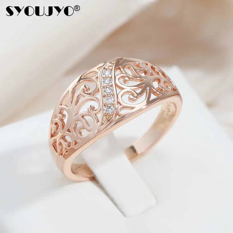 SYOUJYO 585 Rose Golden Hollow Cutting Ring For Women Vintage Exquisite Natural Zircon Wedding Jewelry