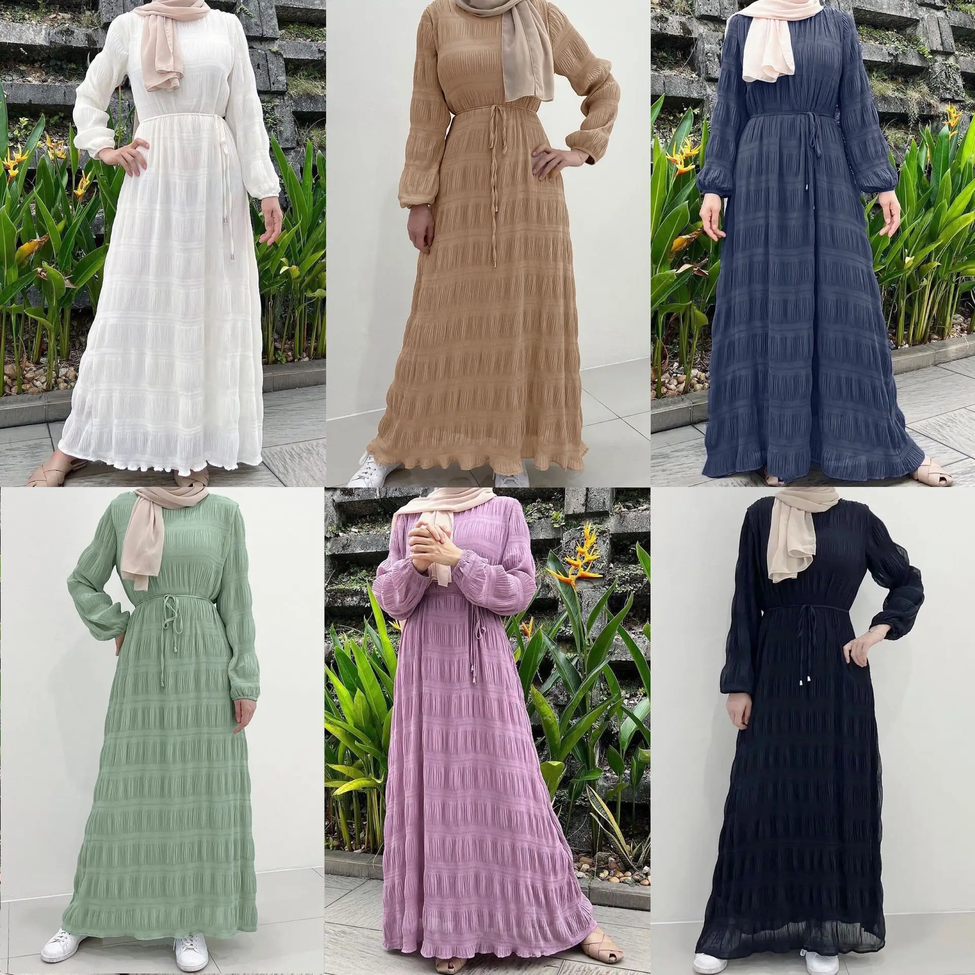 

Dubai Arab Vintage Muslim Dress Women Long Sleeve Maxi Solid Sundress Robe Femme Female Drawstring Marocain Turkish Vestidos