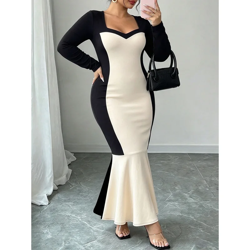 Slergiri Plus Size Sweettheart Neck Colorblock Mermaid Hem Dress Women Spring Autumn Evening Party Bodycon Elegant Long Dresses 4