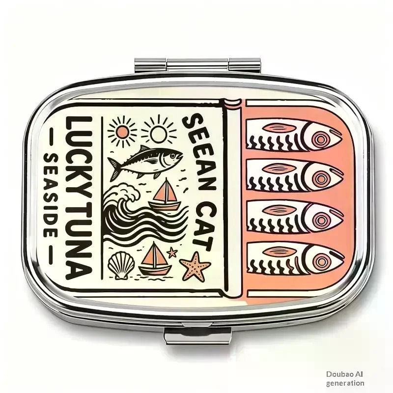 LUCKY TUNA Sardines Print Metal Pill Box, Portable 2-Compartment Travel Pill Organizer For Vitamins & Pills