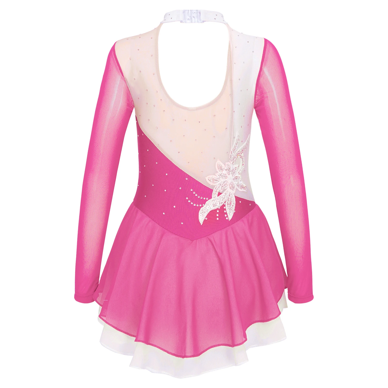 Sequin Floral Figure Ice Skating Dress Child Girls Long Sleeves Cutouts Back Ballet Gymnastics Leotard Ballroom Dance Costume