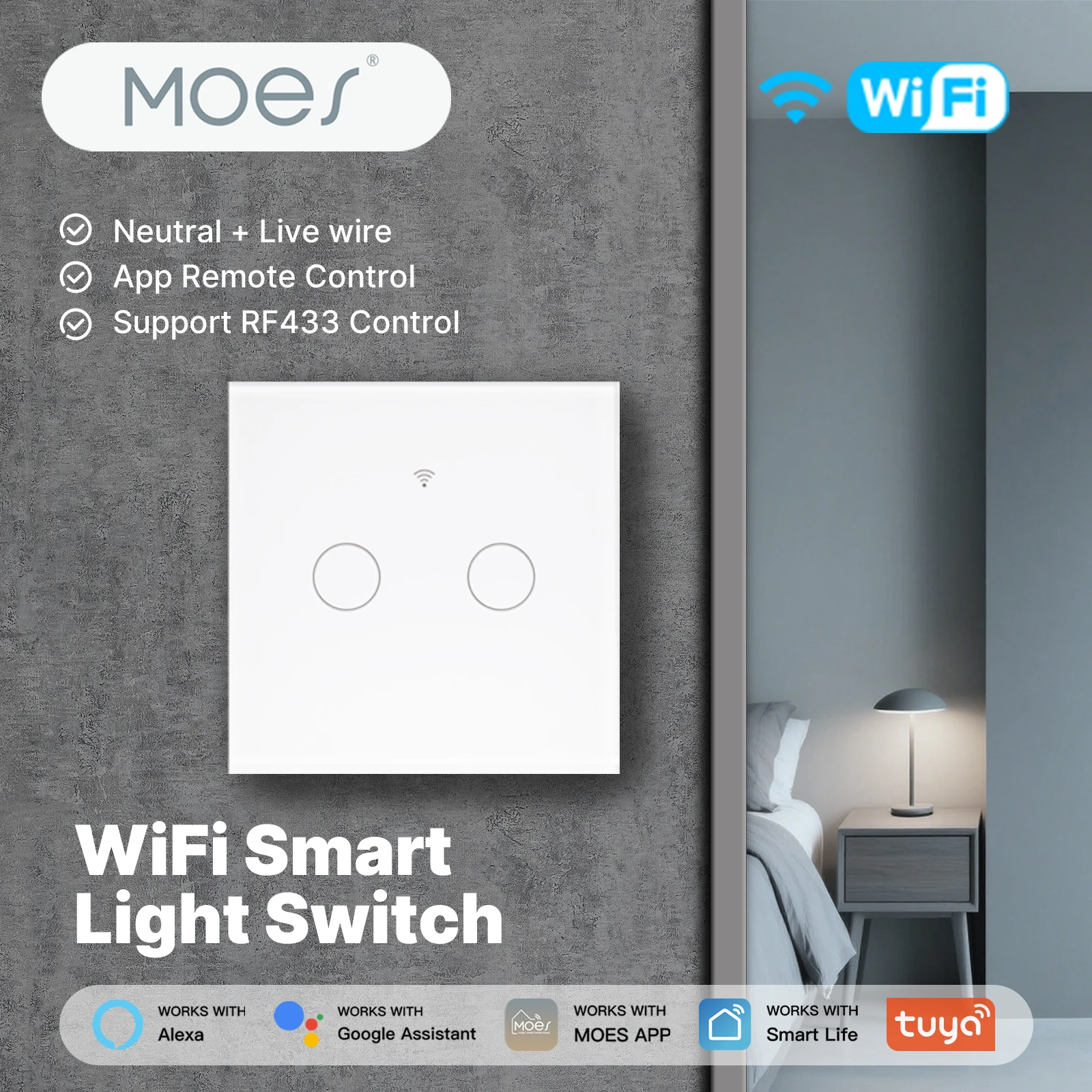 

​ ​ Умный сенсорный переключатель MOES WiFi+RF433, нейтральный провод не требуется, дизайн стеклянной панели, таймер и пульт дистанционного управления, Alexa/Google Home ​ ​