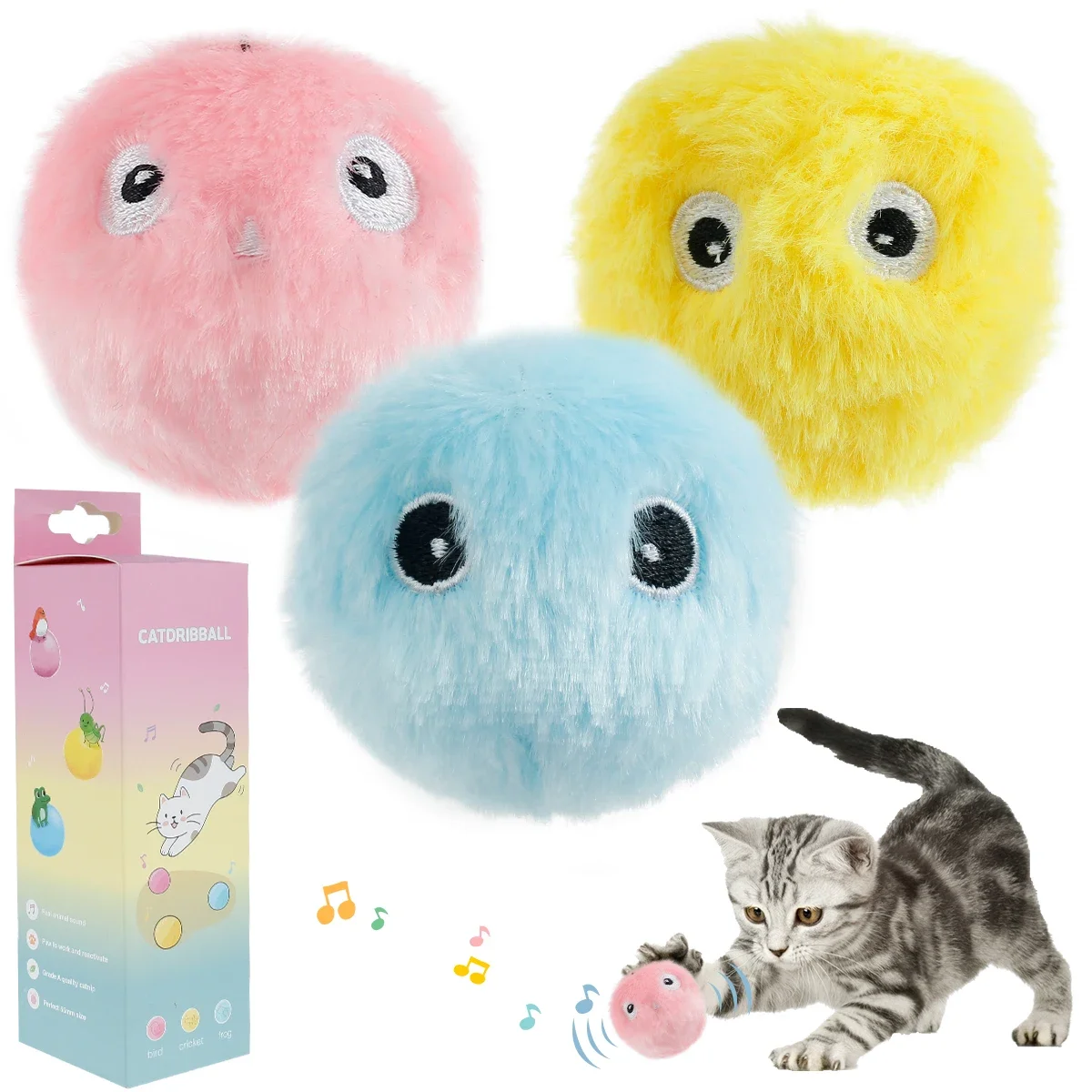 3er-Set interaktiver Katzenball: Automatisch rollender Plüschball mit Quietschfunktion – Elektrisch bewegliches Haustierspielzeug zur Maus-Imitation für Welpen und Kätzchen