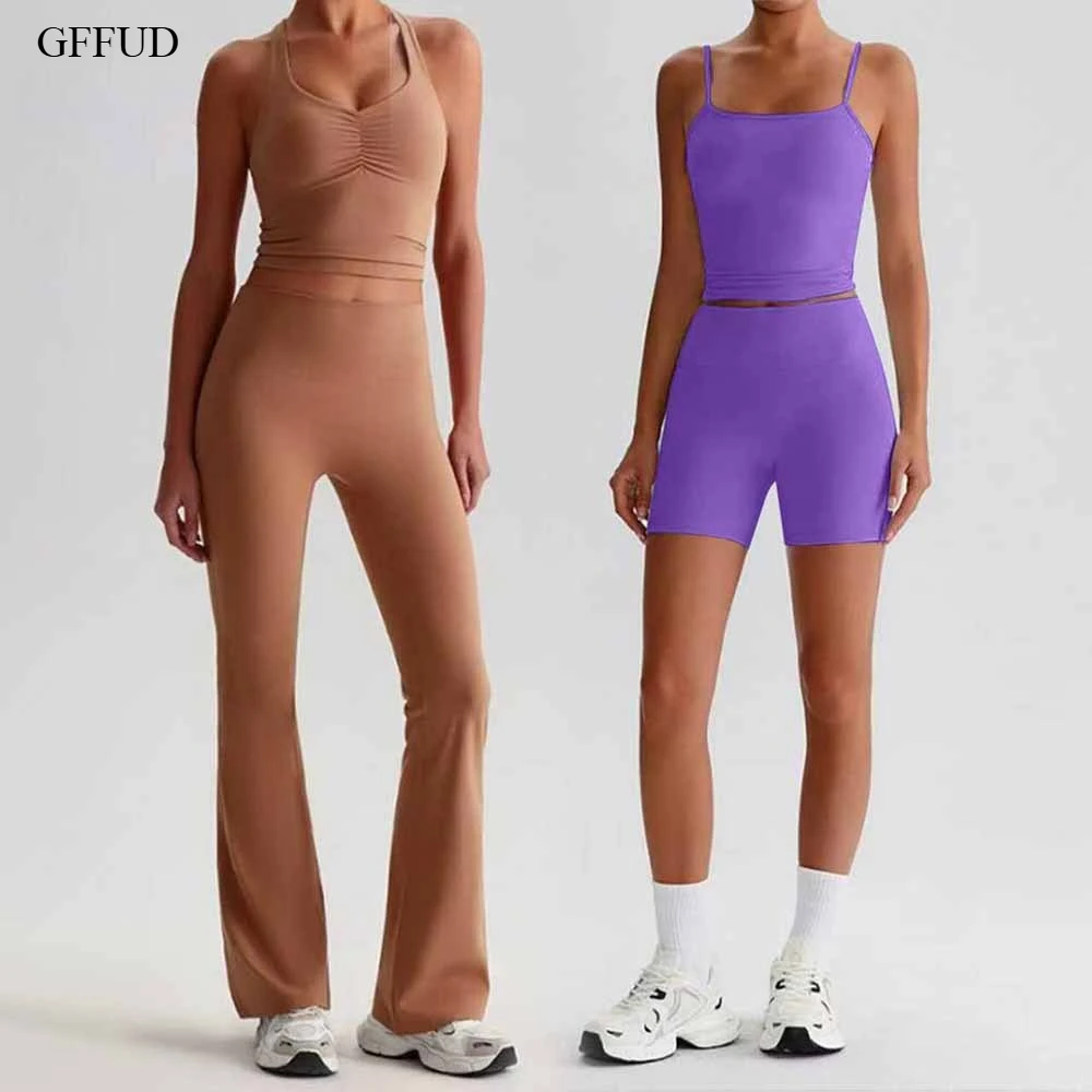 Women Backless Tight Yoga Set 2 Piece High Waist Tummy Control Quick Dry Running Sportswear Choose Straight Wide Leg or Shorts